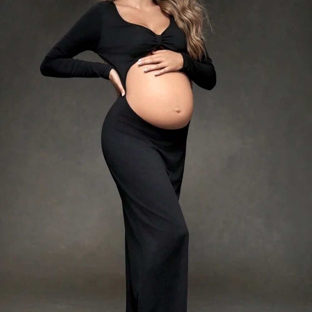 BLACK V NECK LONG SLEEVE MATERNITY DRESS